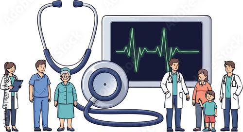 Medical Team and Patients Standing Near Giant Stethoscope and Digital Heart Rate Monitor for Healthcare Concept