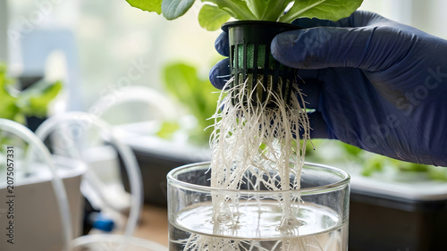 Gloved fingers holding hydroponic plant root system in nutrient rich water solution organic farming