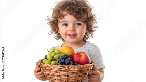 One smiling toddler holding wicker basket of fresh fruits in realistic studio photography style isolated on white background for healthy eating campaign