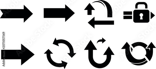 Collection of black arrow icons and circular arrows in line art style for navigation or process diagrams