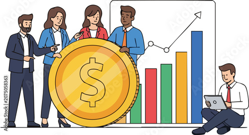 Professional Team Members Cooperating Together for Financial Growth Around a Large Golden Coin and Rising Success Bar Graph