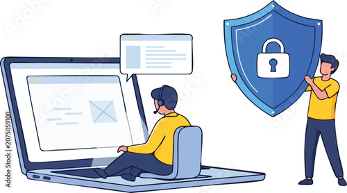 Remote Employees Working Together to Protect Corporate Data With Giant Cybersecurity Shield on Massive Laptop Concept