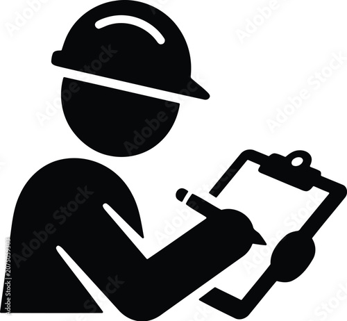 Construction worker silhouette writing on clipboard for inspection and checklist use