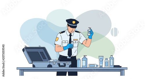 Airport Security Officer Inspecting Liquids and Belongings