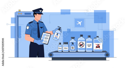 Airport security officer inspecting liquids and chemicals on a conveyor belt