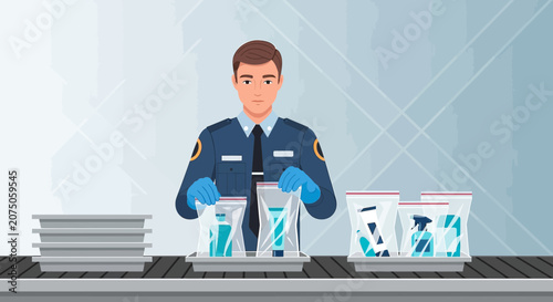 Airport Security Officer Inspecting Liquids and Cosmetics in Clear Bags