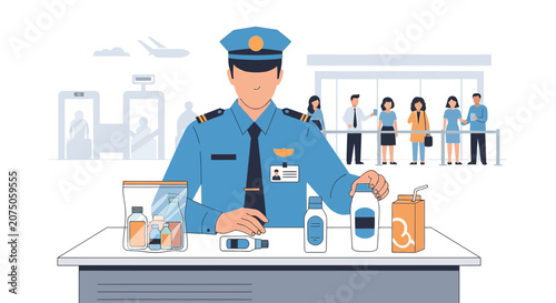 Airport security officer inspecting liquids and prohibited items at checkpoint