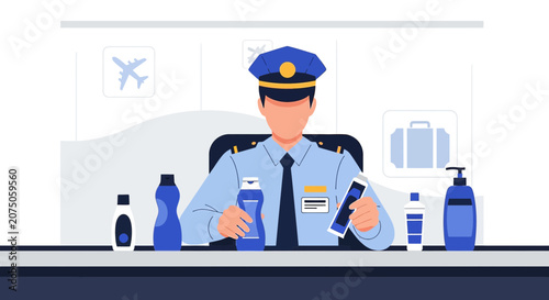 Airport Security Officer Inspecting Liquids and Electronics at Checkpoint