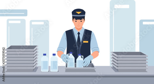 Airport Security Officer Inspecting Liquids at Checkpoint, Baggage Scanner Equipment