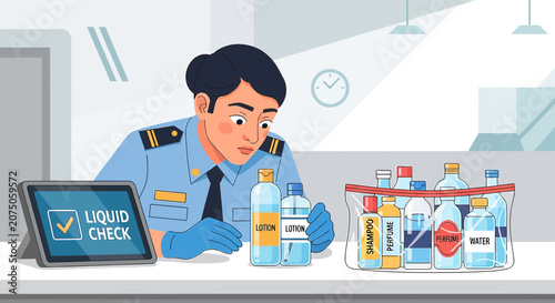 Airport Security Officer Inspecting Liquids at Checkpoint