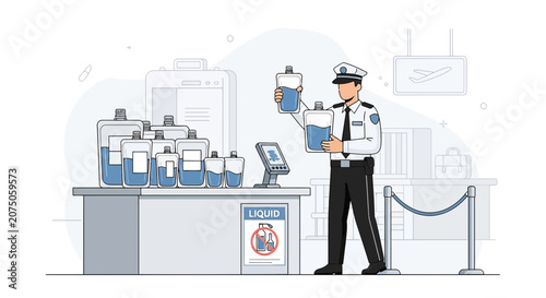 Airport Security Officer Inspecting Liquids at Checkpoint - Illustration