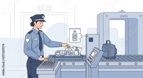Airport security officer inspecting liquids at a scanner
