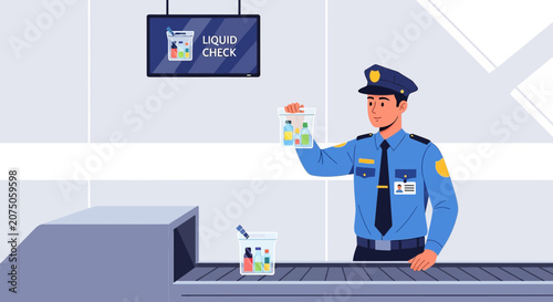 Airport security officer inspecting liquids at checkpoint, travel safety
