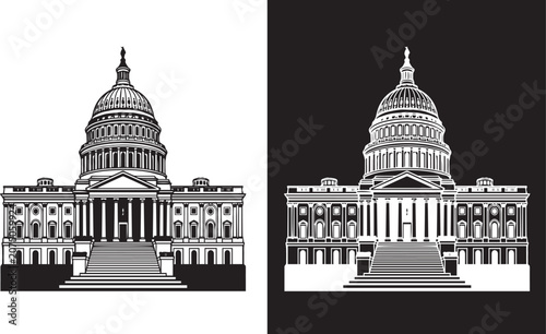 Hand drawn united states capitol building black and white vector art.