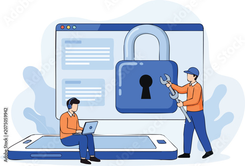 Remote Worker Sitting on Smartphone While Security Specialist Installs Large Padlock on Digital Screen for Data Protection