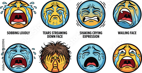 Fotografi Sad crying emoji vector illustration set featuring expressive weeping faces and