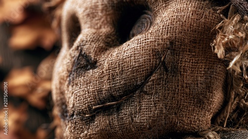Rustic Scarecrow Face: A close-up view of a scarecrow's burlap face, stitched with a wide grin and adorned with straw, evoking a sense of autumn and rural charm.
