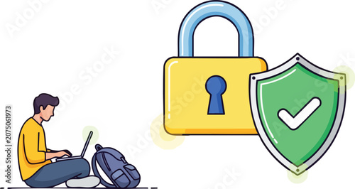 Digital Nomad Working on Laptop Beside Giant Glowing Padlock and Shield Symbol for Remote Security