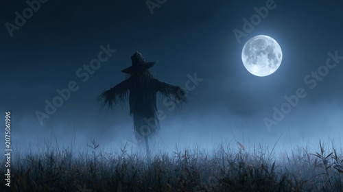 Spooky Scarecrow in Moonlight: A solitary scarecrow stands guard in a mist-covered field under the eerie glow of a full moon, creating a scene of unsettling ambiance.