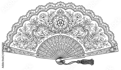Foto Vintage Folding Hand Fan Vector Illustration Featuring Ornate Baroque Lace Patte