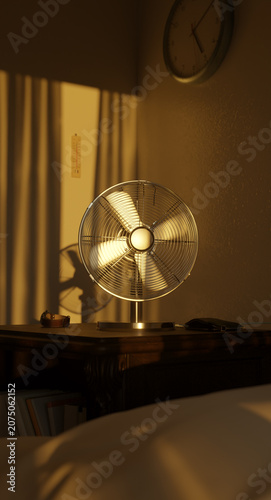 3d rendering of an electric fan in the evening sunlight. Concept heatwave