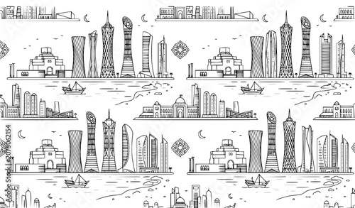 Konstfotografi Doha Qatar Skyline Pattern Vector Set Featuring Hand Drawn Museum of Islamic Art