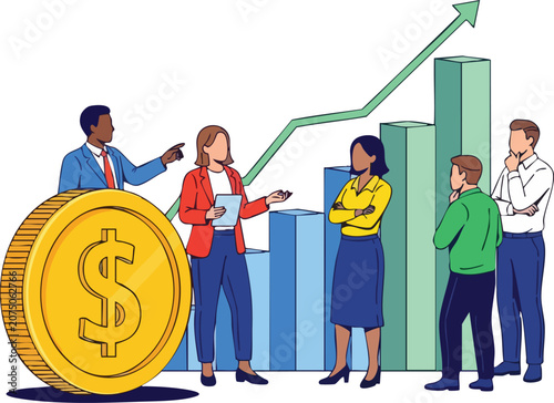 Diverse Business Professionals Standing Around Giant Gold Coin and Rising Bar Graph Collaborating on Successful Investment Growth Strategies