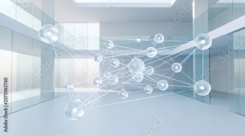 Abstract data network visualization with glowing spheres and connections in modern interior