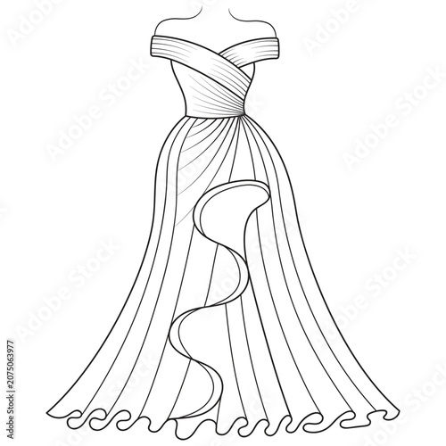 Collection of women's clothing technical sketches showing various styles black and white line art illustration for fashion design. Elegant woman, fashion illustration, line art, puffy sleeve dress,