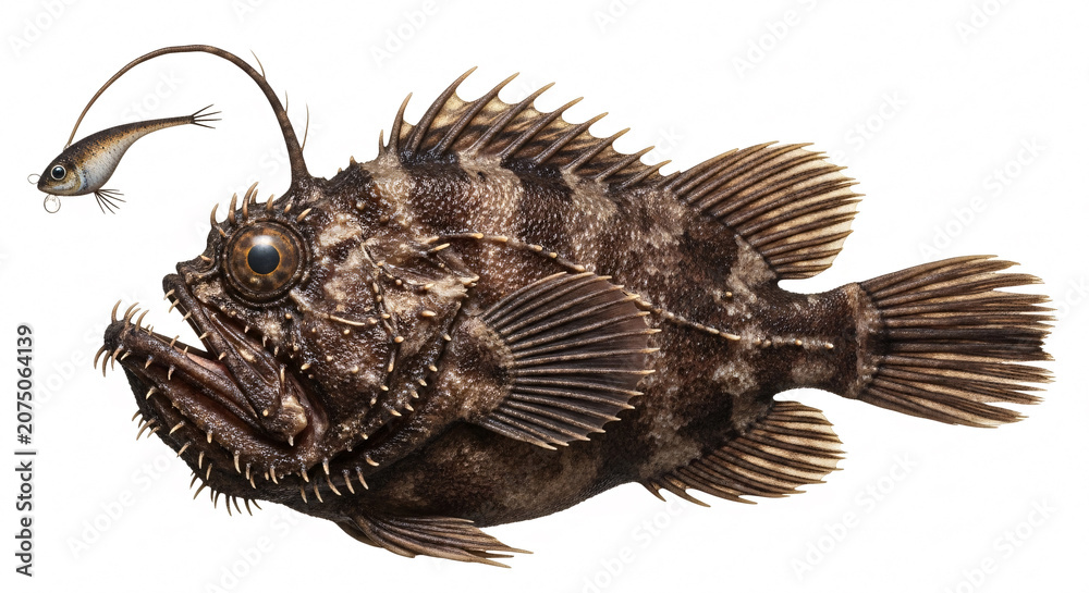 Fototapeta premium Deep Sea Anglerfish Isolated on White Background with Glowing Lure and Detailed Texture