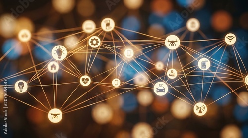 Abstract Data Network Connections with Technology Icons and Bokeh Lights