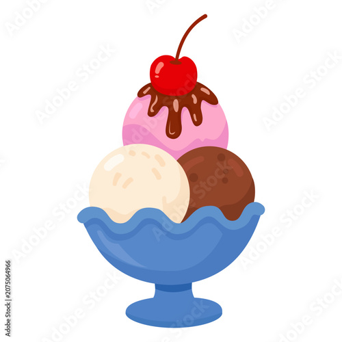 Classic Ice Cream Sundae Dessert With Cherry Garnish And Mixed Flavors Illustration
