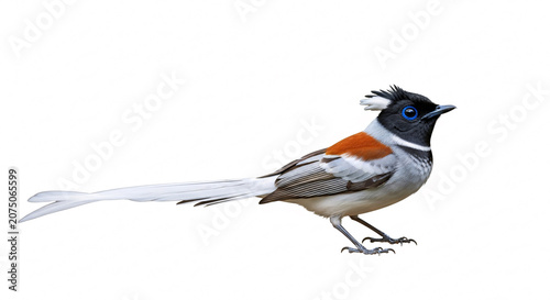 Realistic Asian Paradise Flycatcher Isolated on White Background with Long White Tail