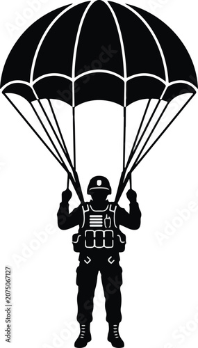 Close Up Military Paratrooper Silhouette Vector Landing Graphic Airborne Special Force Soldier with Parachute Icon