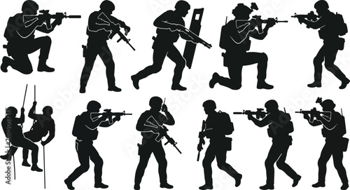 Tactical Military Soldiers Squad Silhouette Vector Seamless Pattern Combat Army Troops in Action Wallpaper Design