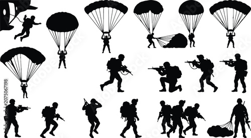 Military Paratroopers Silhouette Vector Set Airborne Soldier Jumping with Parachute Tactical Army Operation Troops