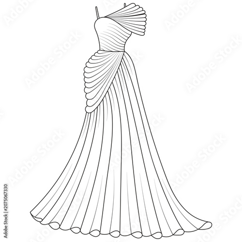 Collection of women's clothing technical sketches showing various styles black and white line art illustration for fashion design. Elegant woman, fashion illustration, line art, puffy sleeve dress,