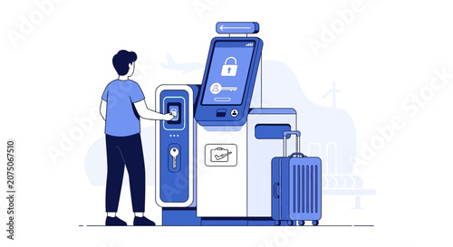 Traveler using airline check-in kiosk with luggage at airport