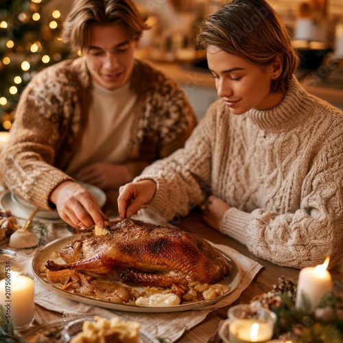 Couple shares a meal with a roasted turkey at a cozy dinner table during winter holiday season