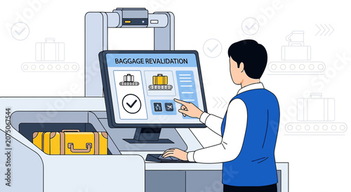 Traveler using baggage revalidation kiosk at airport check-in, airport technology concept