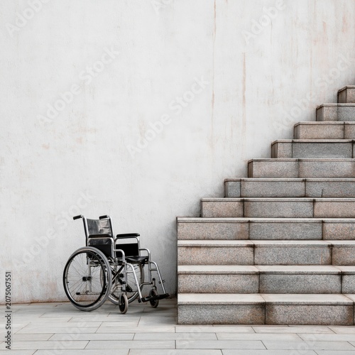 Empty wheelchair next to steps in a building with a plain wall during daylight hours