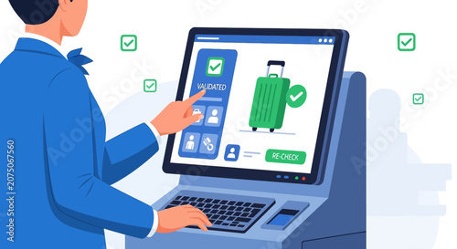 Traveler using self-service check-in kiosk at airport for flight confirmation
