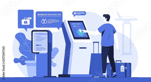Traveler using self-service kiosk for check-in at airport