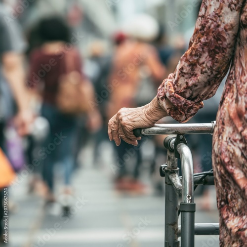 Elderly person using walker in busy city street with many people walking around during daytime
