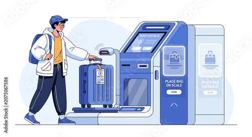 Traveler using self-service luggage drop kiosk at airport