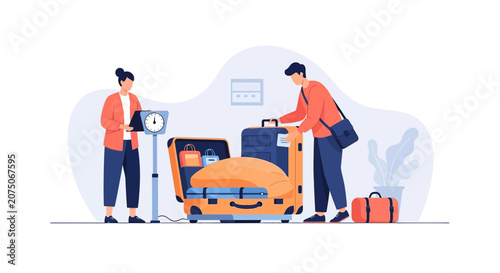 Traveler weighing luggage at airport baggage scale, preparing for a trip