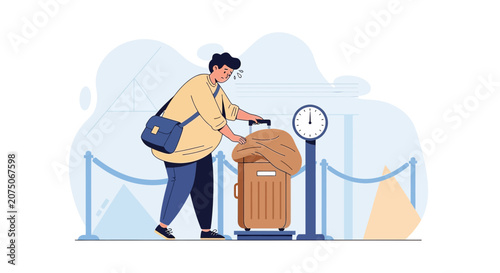 Traveler Weighing Luggage at Airport Check-in Counter with Bag and Suitcase