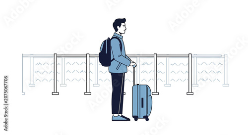 Traveler with Backpack and Suitcase in Airport Terminal, Minimalist Illustration