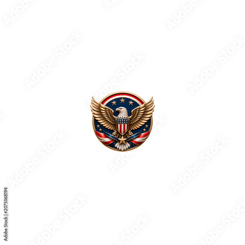Patriotic Emblem Featuring a Majestic American Bald Eagle With Spread Wings Set Inside a Circular Badge With Stars and Stripes Design