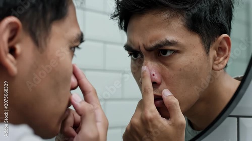 Young Man Pressing Face in Mirror Examining Skin. Suitable for skincare routines, men's grooming content, dermatology awareness, and facial health educational videos.